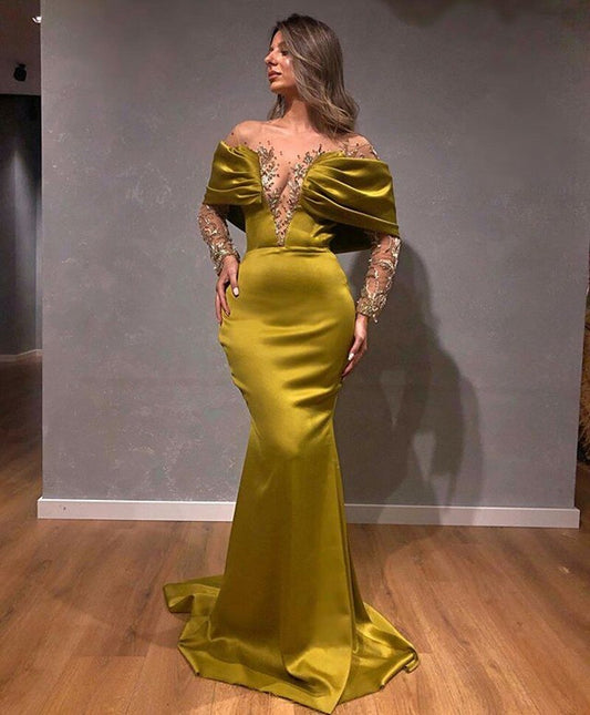 Off-Shoulder Satin Mermaid Prom Gowns Luxury Crystal Beaded Evening Dresses