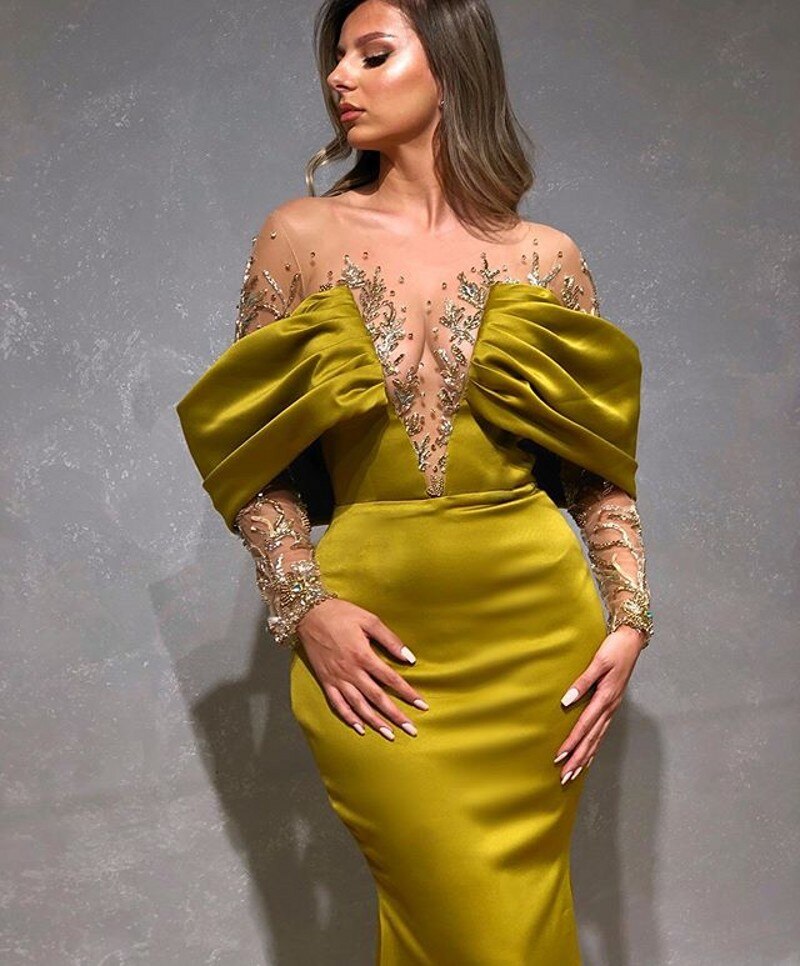 Off-Shoulder Satin Mermaid Prom Gowns Luxury Crystal Beaded Evening Dresses