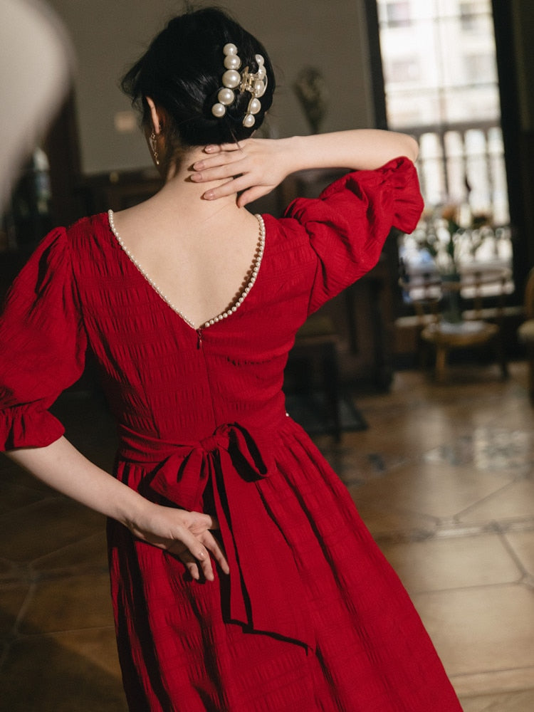Red Beaded Elegant Retro Dress - LiveTrendsX