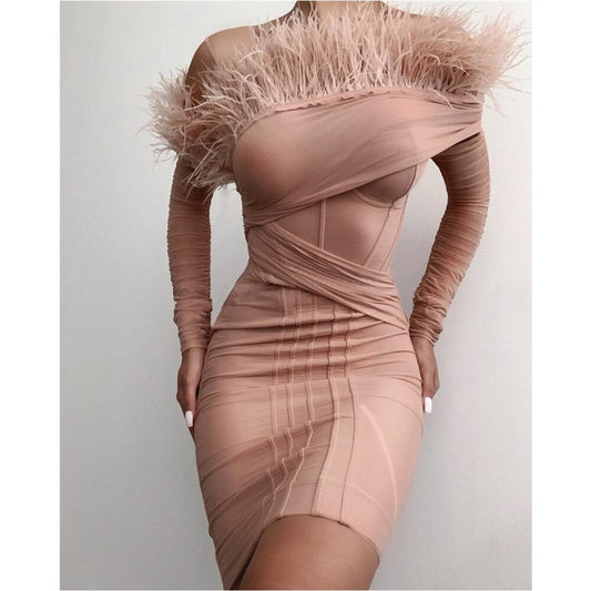 Feather Long Sleeve Bodycon Dress