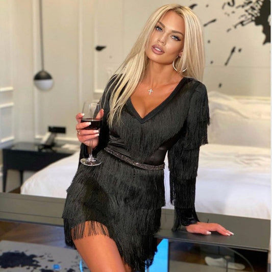 Black White Tassel Long Sleeve V-Neck Sexy Dress