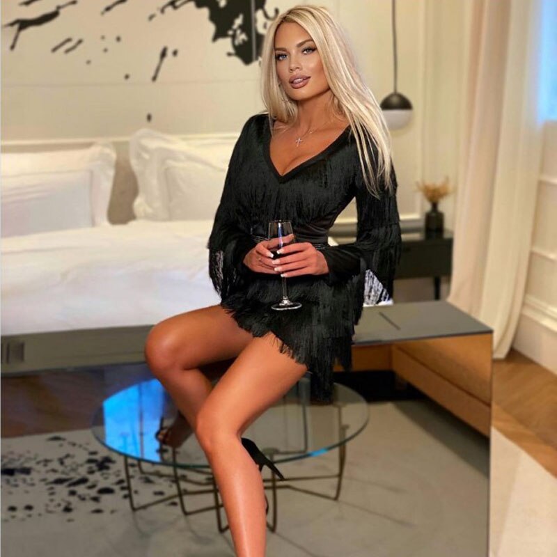 Black White Tassel Long Sleeve V-Neck Sexy Dress