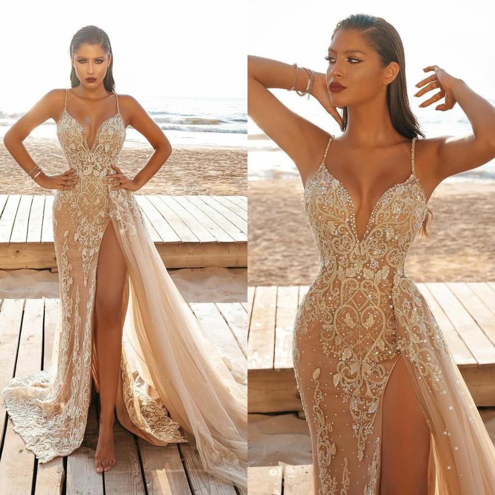 High Split Champagne Mermaid Prom Dresses Evening Gowns