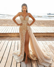 Load image into Gallery viewer, High Split Champagne Mermaid Prom Dresses Evening Gowns
