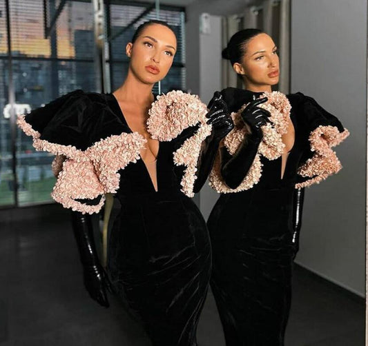 フリル パフスリーブ セクシーな深いVネック ロングプロムガウン