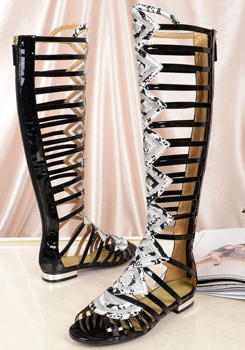 Shiny Snakeskin Mesh Patched Strappy Thigh High Sandals Boots