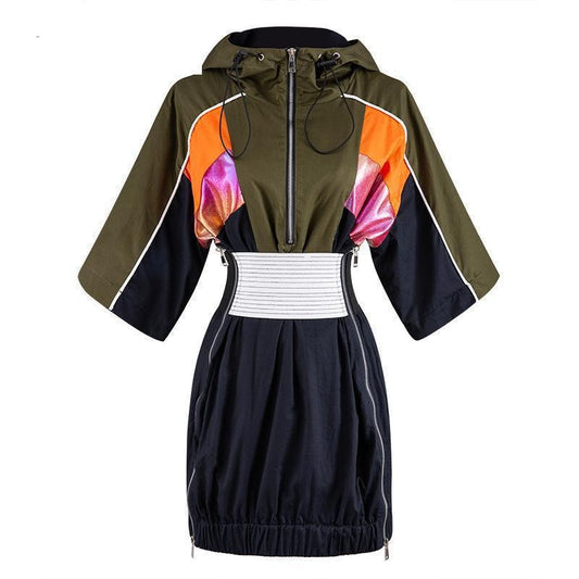 Women Dress Hooded Patchwork Corset Dress Drawstring