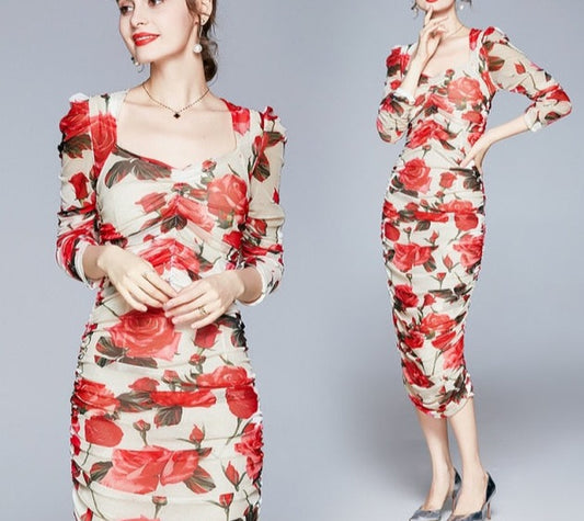 Midi Party Dinner Night Dresses Vintage Square Collar Clubwear