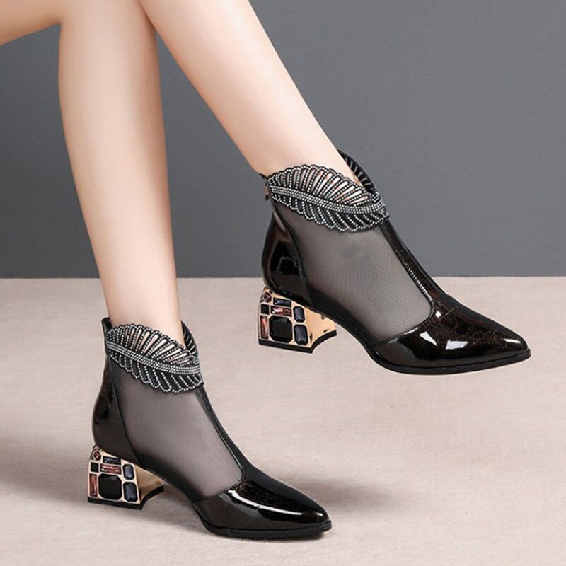 Women's Hollow-out Plus Size Mesh Rhinestone Boots