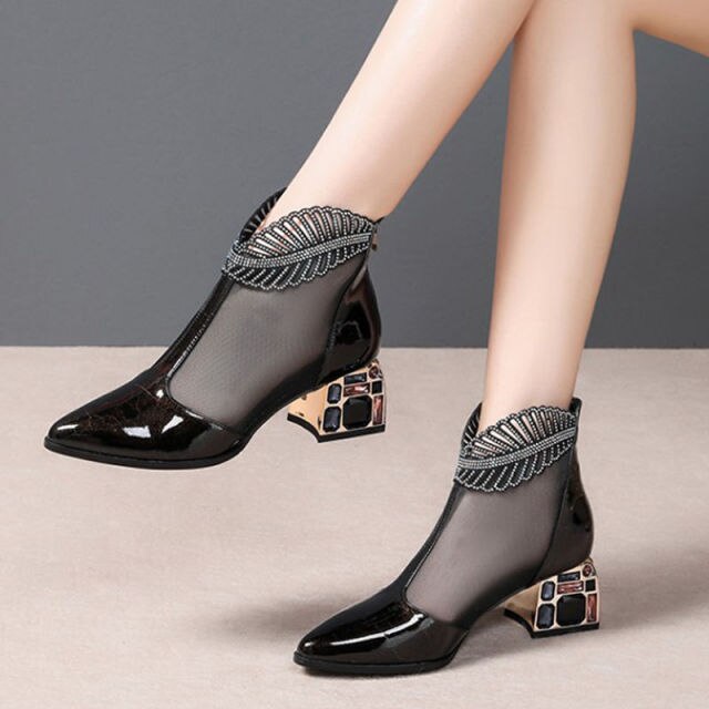 Women's Hollow-out Plus Size Mesh Rhinestone Boots