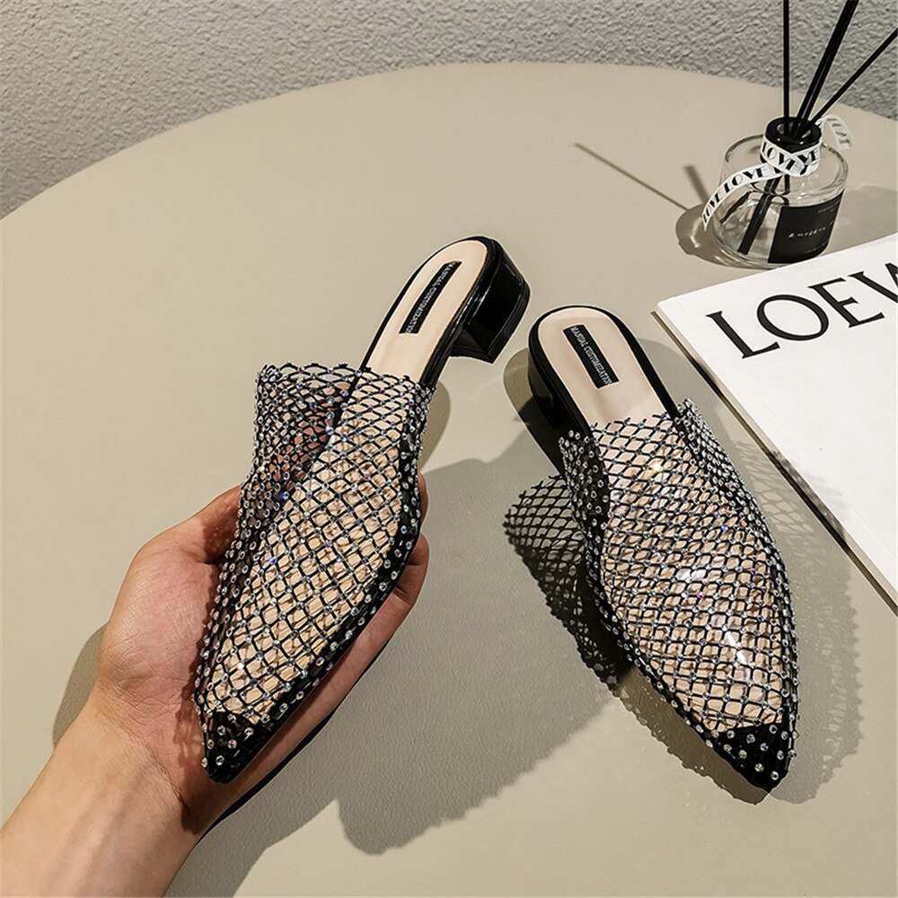 Women Pointed Toe Mules Thick Heels Slip