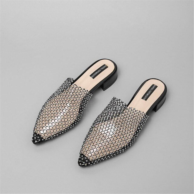 Women Pointed Toe Mules Thick Heels Slip