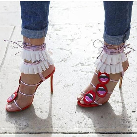 Sexy Red Mouth Embroidery Lacework Sandals Ladies