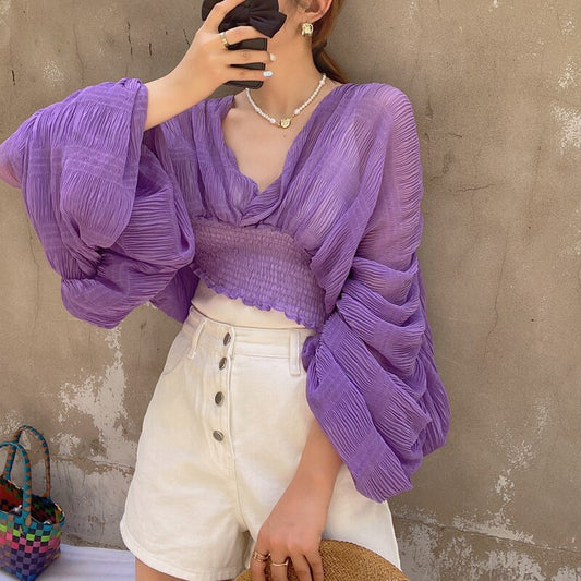 V-neck Puff Long Short Blouses Female