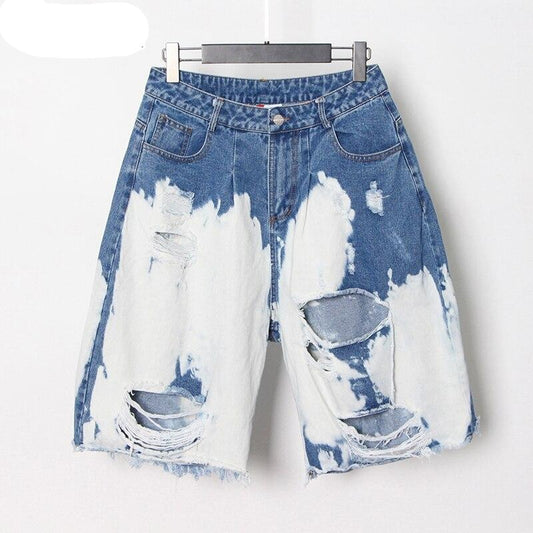 Hole Denim Shorts For Female High Waist
