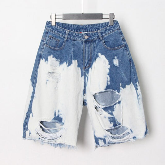 Hole Denim Shorts For Female High Waist