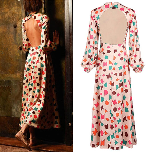 Satin Geometric Print Halter Hollow Retro Woman Dress