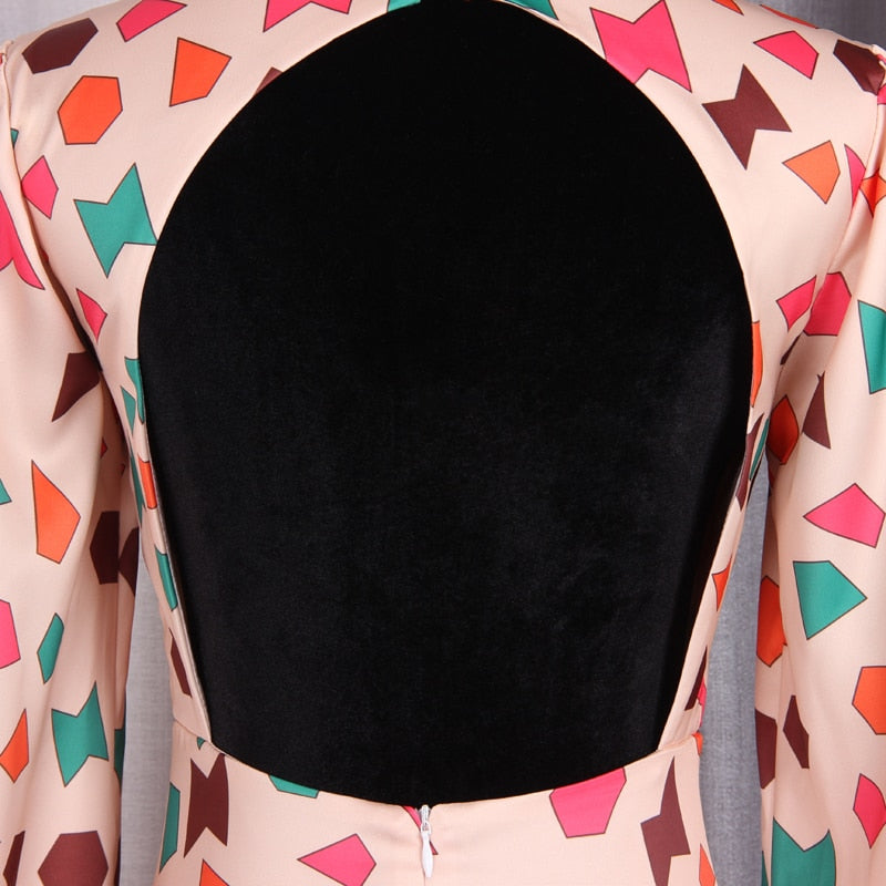 Satin Geometric Print Halter Hollow Retro Woman Dress