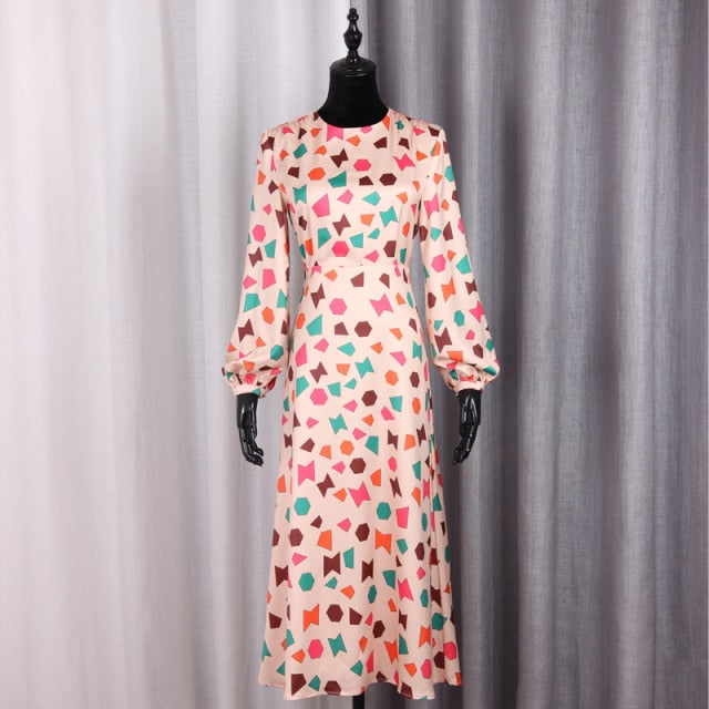 Satin Geometric Print Halter Hollow Retro Woman Dress