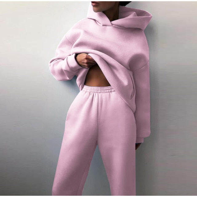 Women Warm Hoodie Sweatshirts Two Piece Sets