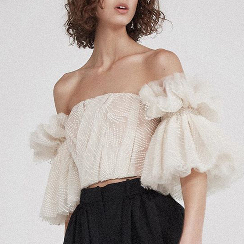 Strapless Shirt For Women Off Shoulder Embroidery Ruffles Flare Sleeve Top