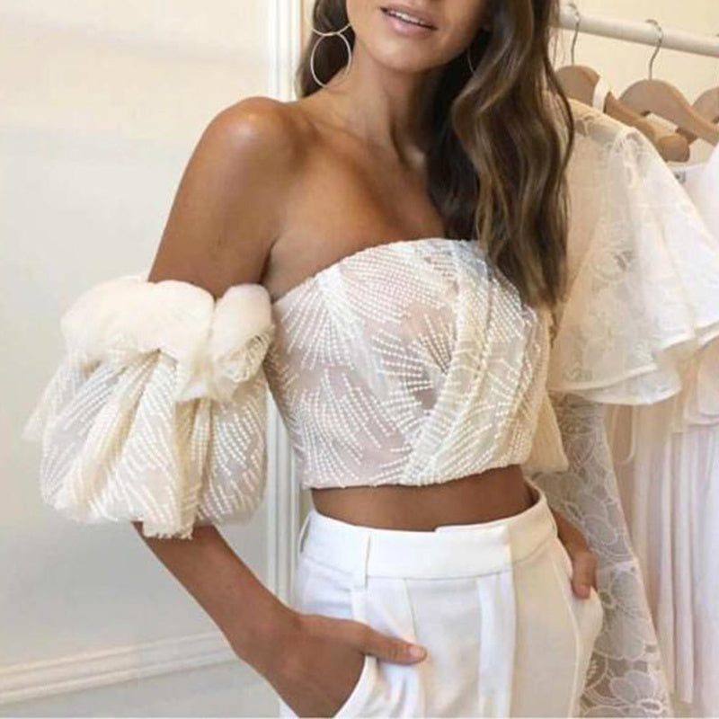 Strapless Shirt For Women Off Shoulder Embroidery Ruffles Flare Sleeve Top