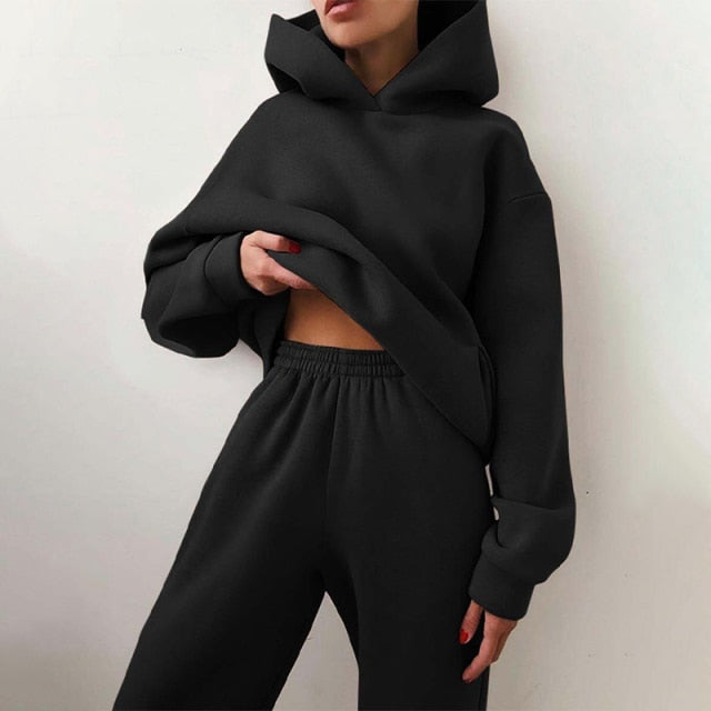 Women Warm Hoodie Sweatshirts Two Piece Sets