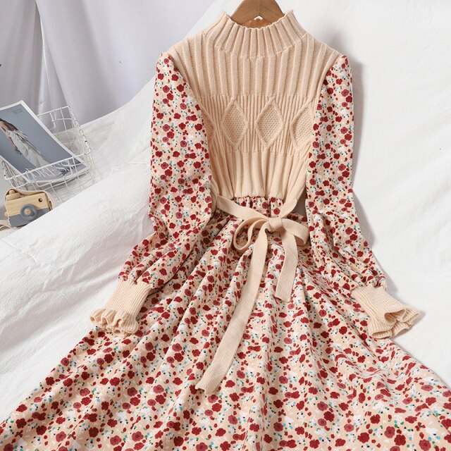 Knitted Floral Corduroy Maxi Dress