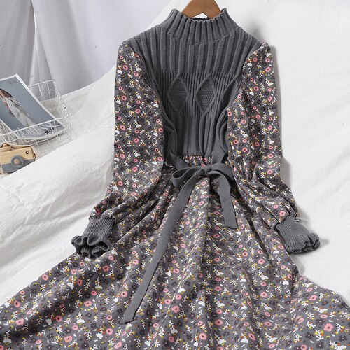 Knitted Floral Corduroy Maxi Dress