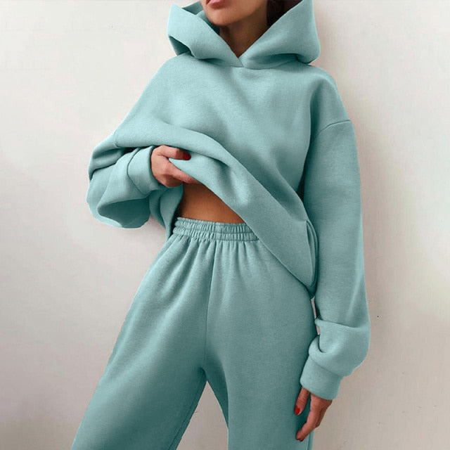 Women Warm Hoodie Sweatshirts Two Piece Sets