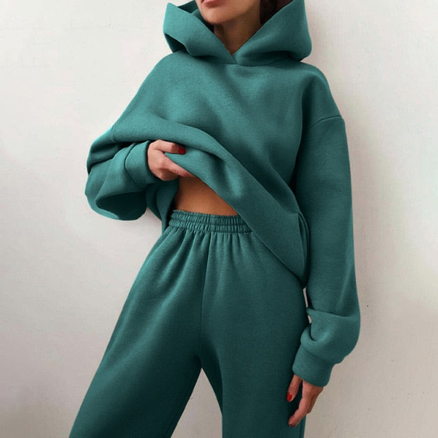 Women Warm Hoodie Sweatshirts Two Piece Sets