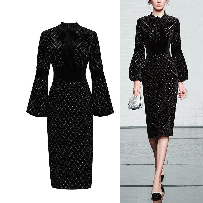 Designer Runway Lantern Sleeve Black Velvet Party Dinner Dresses