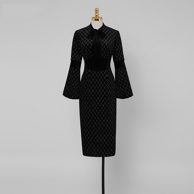 Designer Runway Lantern Sleeve Black Velvet Party Dinner Dresses