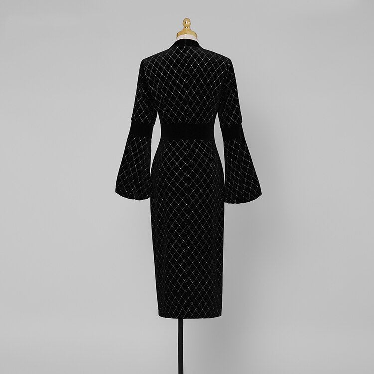 Designer Runway Lantern Sleeve Black Velvet Party Dinner Dresses