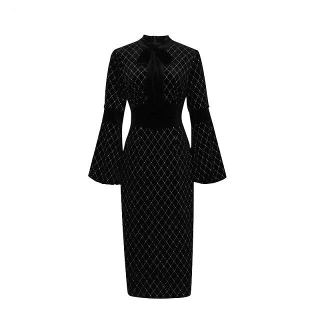 Designer Runway Lantern Sleeve Black Velvet Party Dinner Dresses