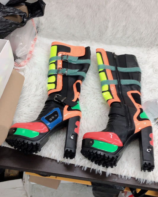 女性パンクスタイル陰謀パッチワークニーハイブーツ