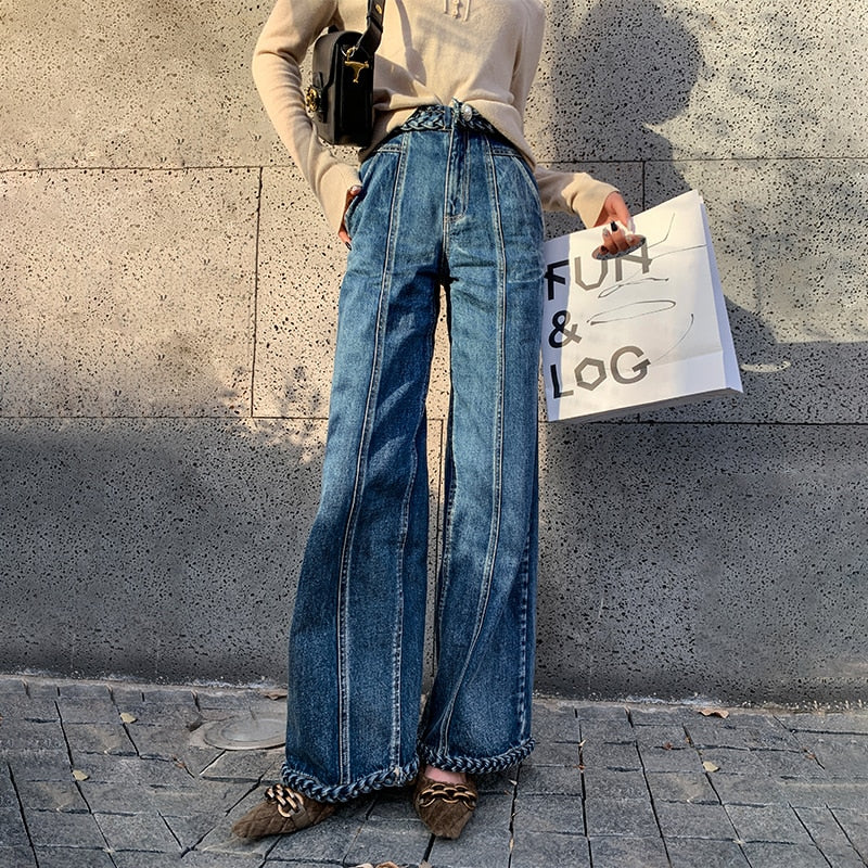 Casual Blue Denim Trousers For Women High Waist Loose
