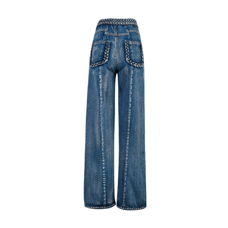 Casual Blue Denim Trousers For Women High Waist Loose