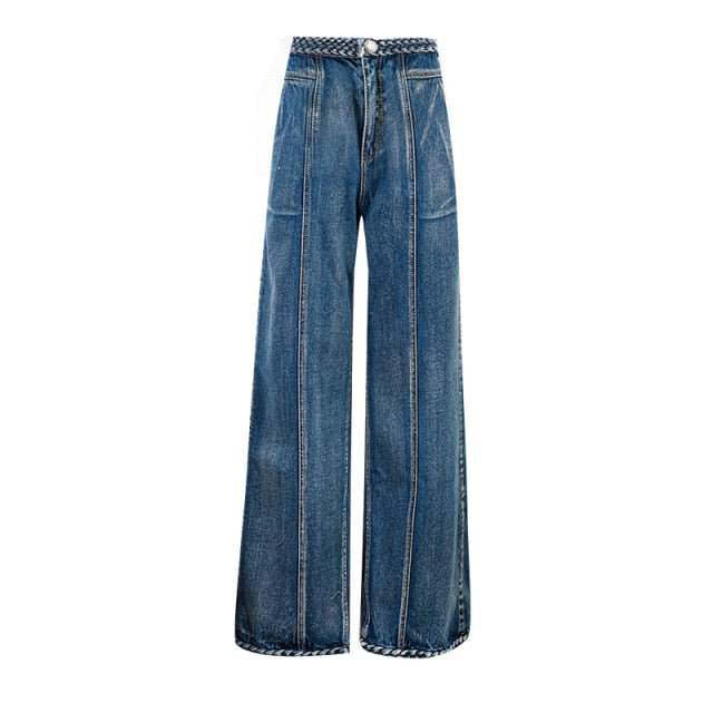 Casual Blue Denim Trousers For Women High Waist Loose