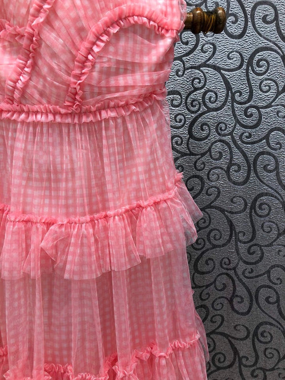 Women Geometric Print Cascading Ruffle Lace Patchwork Dress