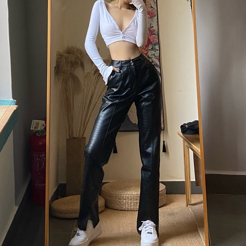 Women Black Faux Leather Pants Lady Loose Pencil Trousers Streetwear