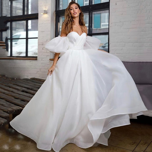 Princess White Wedding Dress Puff Short Sleeve