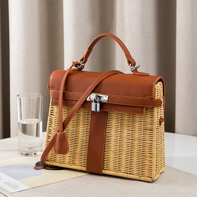 Camel Straw Messenger Lock-Detail Women's Crossbody Bag