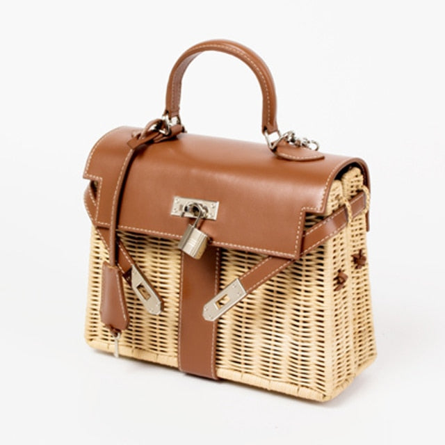 Camel Straw Messenger Lock-Detail Women's Crossbody Bag