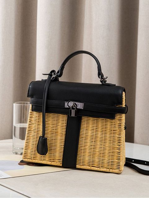 Camel Straw Messenger Lock-Detail Women's Crossbody Bag