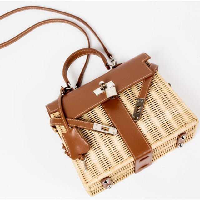 Camel Straw Messenger Lock-Detail Women's Crossbody Bag