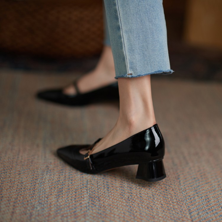 Women Leather Mid-Heel Pumps Shoes