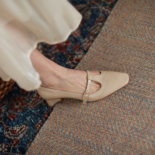 Women Leather Mid-Heel Pumps Shoes