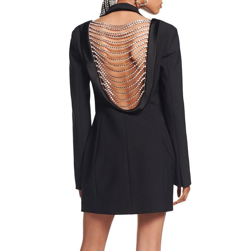 パッチワークダイヤモンドセクシーなブラックオープンバック女性用ブレザーノッチ付きスリムジャケット