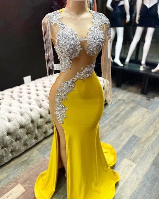 Yellow Prom Dresses Mermaid One-shoulder Long Sleeves